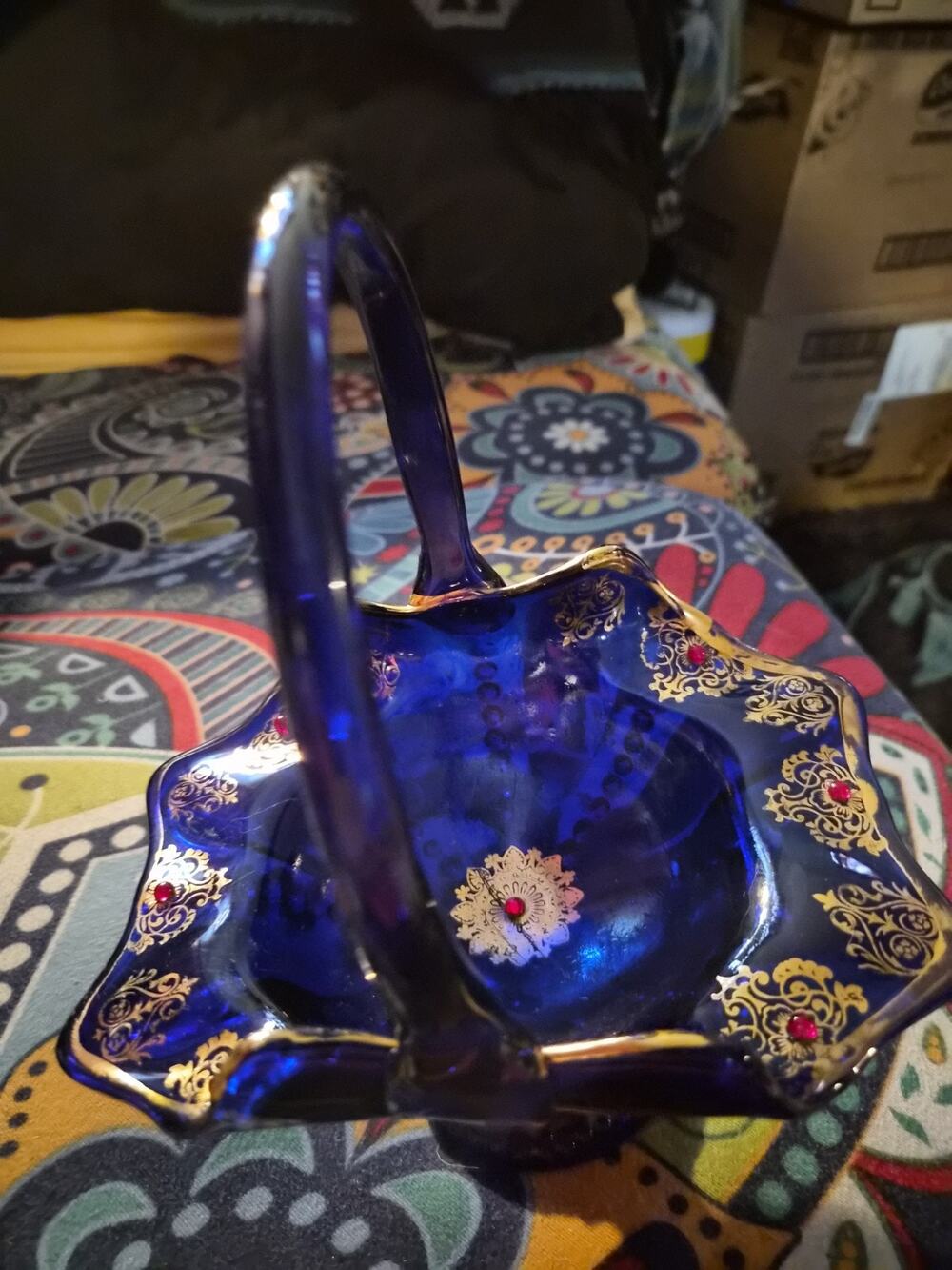 Vintage Bohemian Cobalt Blue Basketbwith Ornatebruffled Rim And Pedest A l Base